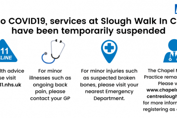 Due to COVID19 services at Slough Walk In Centre have been temporarily suspended